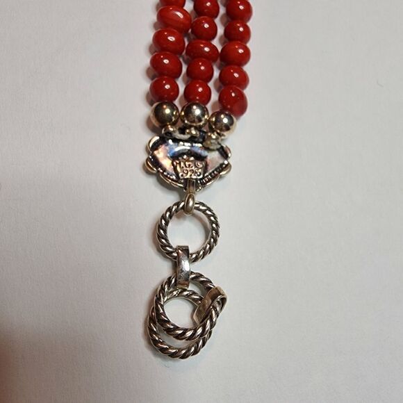 Ruby Lane Signed M.G. Sterling Silver Red Coral Bead Bracelet 3 Rows - Picture 7 of 10